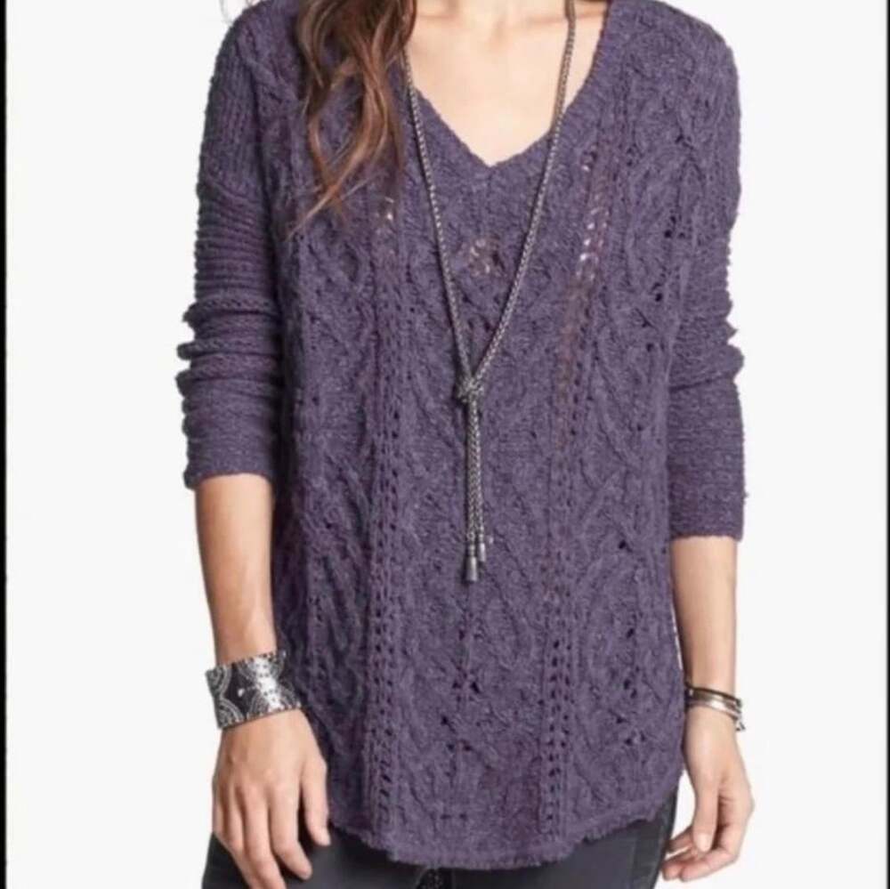Free People Cross My Heart Purple Cable Knit V-Neck Sweater